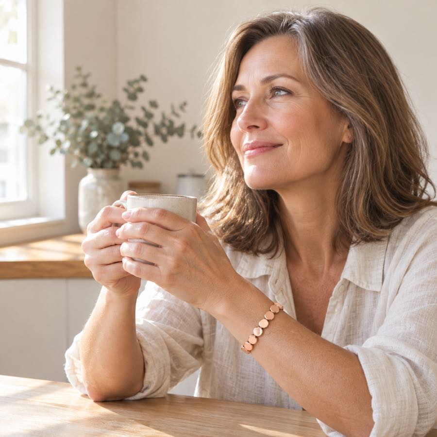 A woman in her late forties wearing the HAIMA rose gold bracelet at her kitchen table