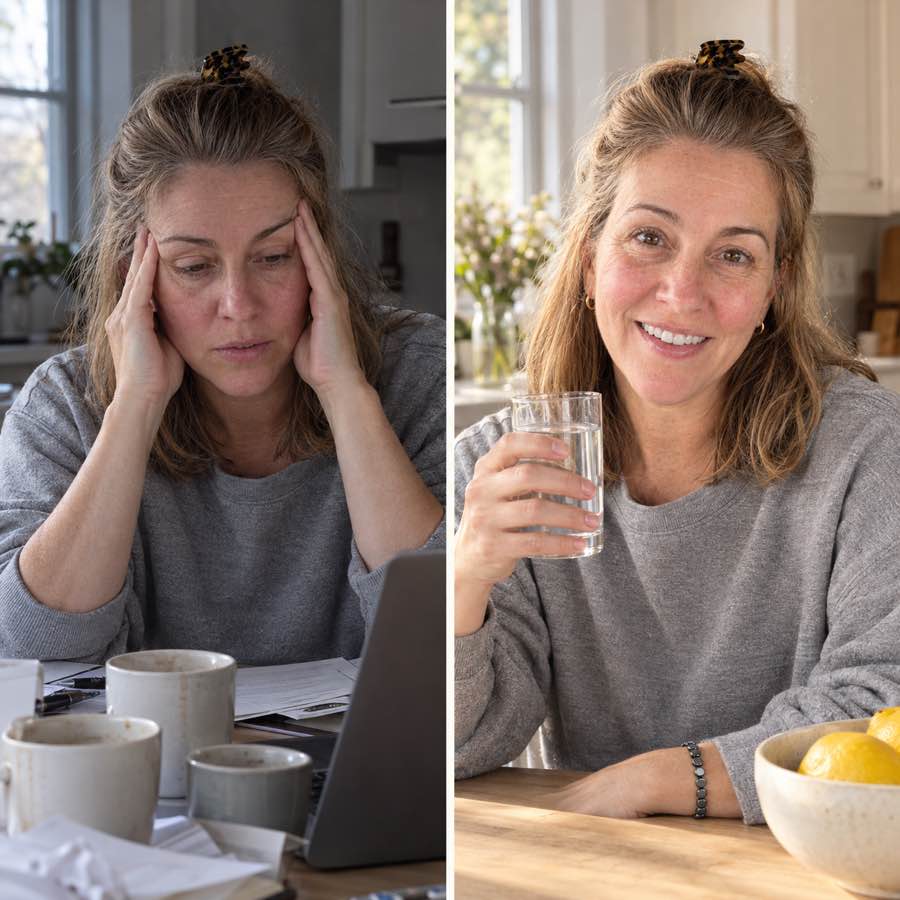 The same woman exhausted at her kitchen table, then laughing and full of energy wearing the HAIMA bracelet